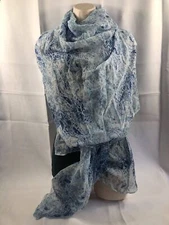 Women's Scarf Wrap White/Blue Paisley Stitched Border 28" Semi-Sheer Shawl