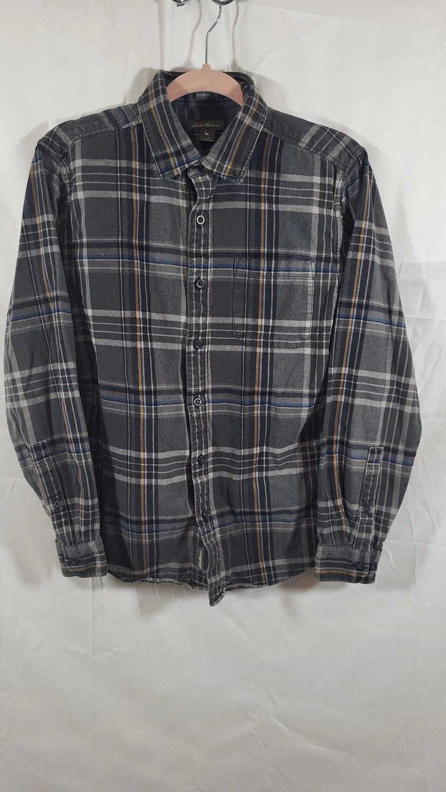Eddie Bauer Men's Gray Plaid Classic Fit Flannel Long Sleeve Button Down Shirt S