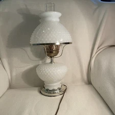 Hobnail White Milk Glass Hurricane Table Lamps Electric Key Turn Vintage