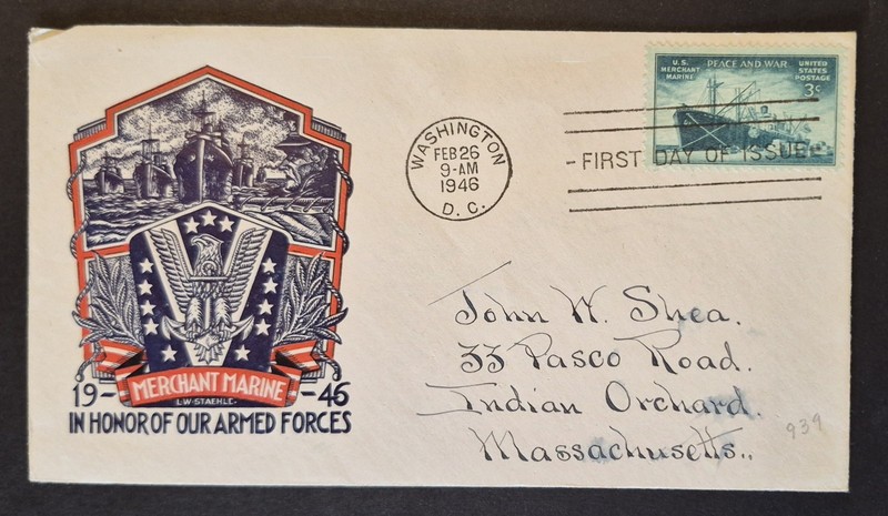 1946 First Day Cover US Scott 939 U.S. Merchant Marine Staehle Cachet FDC