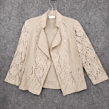 Chicos Blazer Womens 0 US Small Beige Floral Lace Open Front Jacket Long Sleeve
