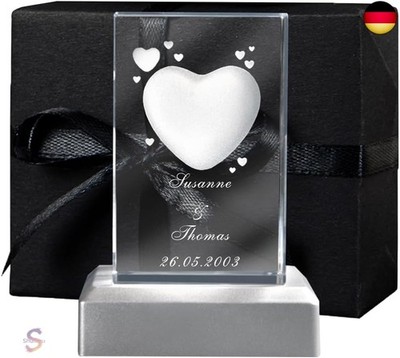 Personalisierte 3D Herz-Gravur im Glas ? versch. Motive, Namen, Wunsch-Text ?