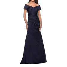 NWOT La Femme Beaded Off The Shoulder Navy Satin Trumpet Gown 4