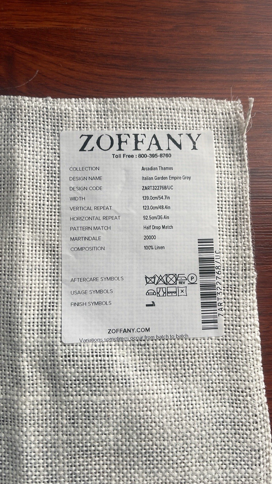Zoffany Italian Garden Empire Grey Linen Fabric
