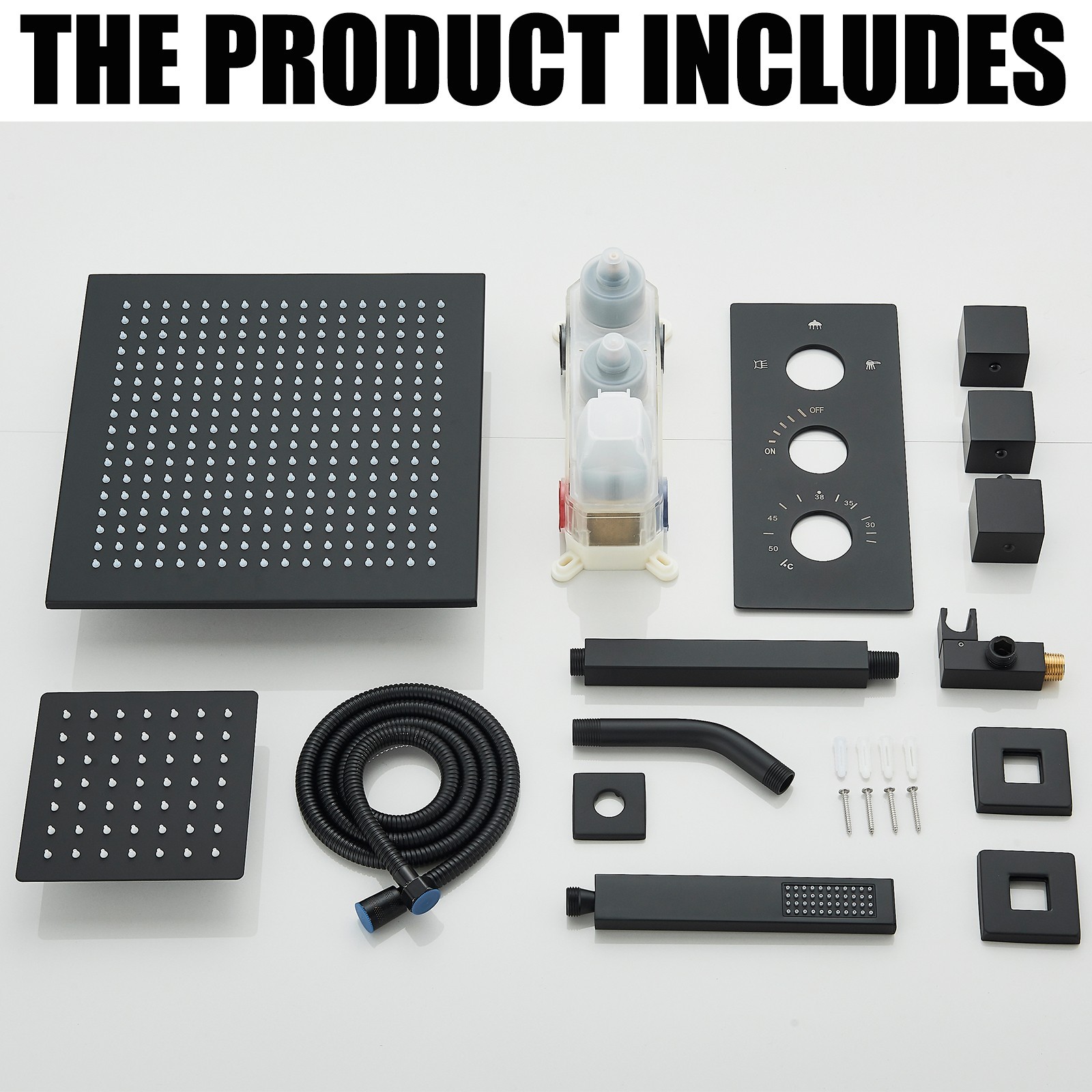 Black Shower Faucet Set 12"+6" Dual Shower Head Rainfall Thermostatic Valve Kit