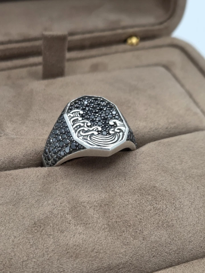 Anillo de sello David Yurman Waves para hombre en diamante negro y plata talla 12,5 Foto 3 de 4