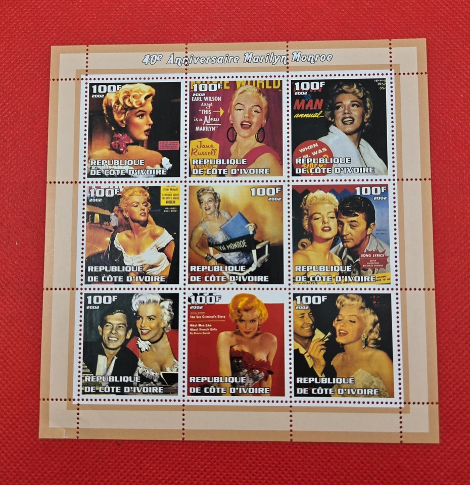Marilyn Monroe Stamps Actress 2002 Ivory Coast 3 Stamp Sheets 24 Stamps Total - Image 3 of 4