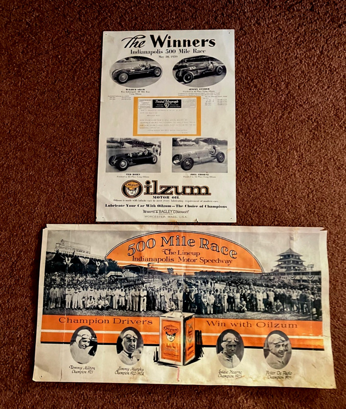 OILZUM POSTERS FROM INDY 500 RACE 1939 AND HORIZONTAL ONE PANORAMIC INDY 500