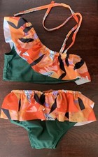 NEW Baby Girls green with orange multi ruffle 2pc swim bikini set, size 18-24 m