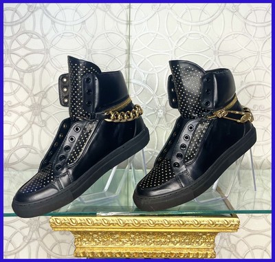 VERSUS VERSACE BLACK HIGH-TOP SNEAKERS w/ GOLD-TONE LION DETAILS Sz 39 - 6