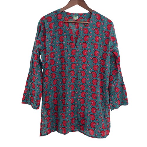 Dolma Tunika Top XXL / 2X türkis blau rot Blumen Mohn Print V-Ausschnitt Shirt Bohemian