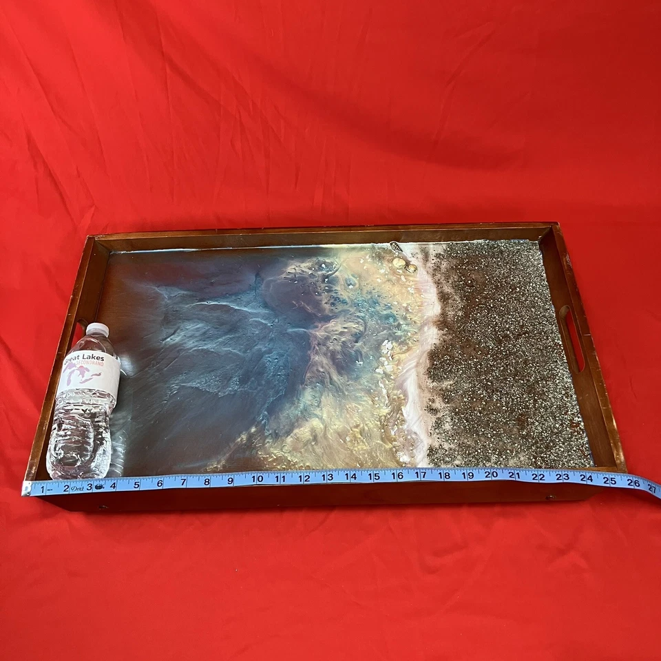 Bed Tray 26 x 15 / Epoxy Resin Art / Wooden Wood / Ocean Waves 3D Beach / Flaws — 第 4/4 张图片