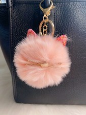 Pink cat bag charm Pom Pom Keychain Fluffy cute kawaii Christmas Birthday Gift