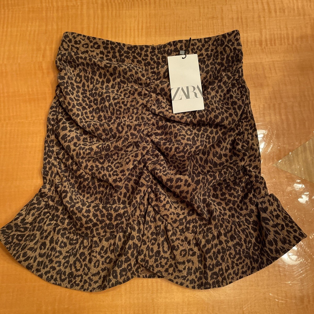 Zara Leopard Print Ruched Front Corduroy Mini Skirt Size XS