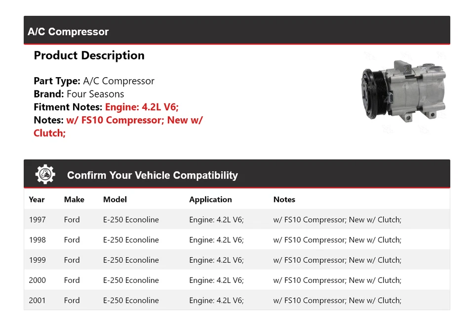 Компрессор кондиционера 4 сезона 1998 1999 для Ford E-250 Econoline 4,2 л V6 1997-2001 годов выпуска - Изображение 2 из 4
