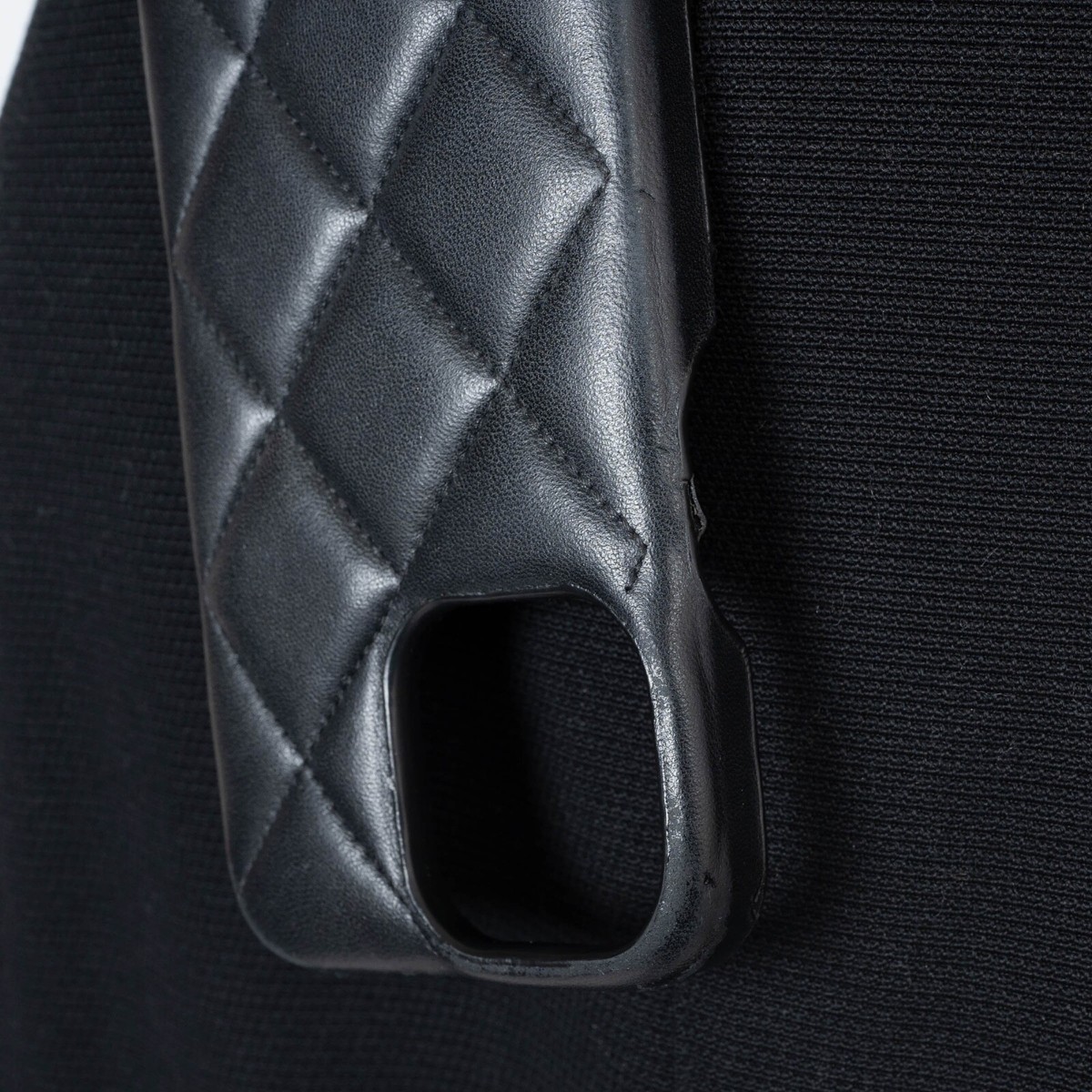 71441 auth CHANEL black leather IPHONE 13 PRO MAX Case w Pearl