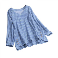 Womens Check V-Neck Long Sleeve Blouse Shirt Tops Summer Loose T-Shirt Tunic Tee