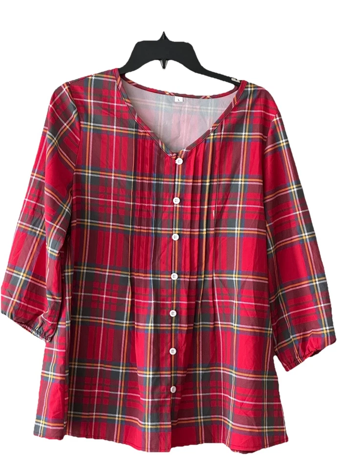 Blusa de mujer tartán plisada con botones roja a cuadros manga abullonada talla L ligera Foto 2 de 4