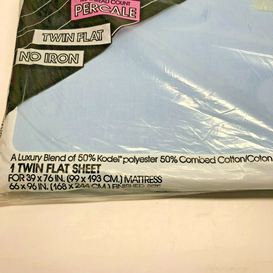 Vintage Percale TWIN Flat Bed Sheet Performance by Springs No Iron 180 Ct Blue - Image 2 of 4