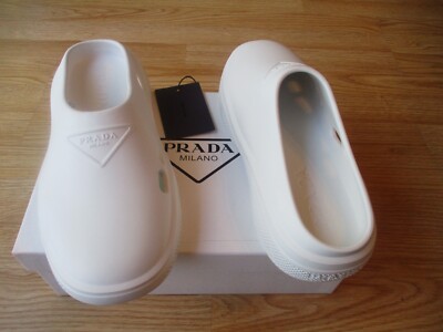 $525 Prada Mellow Rubber Mules Slide Sandals Womens Logo sz 40 US 10 NIB