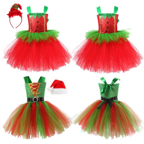 Kids Girls Christmas Elf Dress Up Sleeveless Cutout Bodice Tutu Dress Costume - Afbeelding 1 van 18