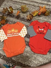 Lot of 2 Newborn Baby s First Halloween Long Sleeve Bodysuits Pumpkin Devil CUTE