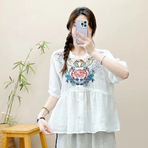 Camicia retrò sciolta etnica cotone lino ricamato top cardigan estivo cinese - Foto 2 di 29