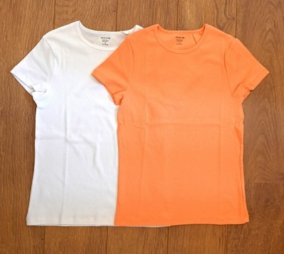 Ex Marks & Spencers Twin Pack of Slim Rib T Shirts in White & Orange Size 14