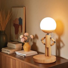Wooden Robot Table Lamp, Wireless DIY Desk Lamps with Adjustable Wood Arm, St...