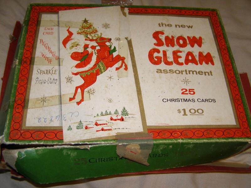 VTG Noel Snow Gleam Christmas cards box + stamps seals tags misc Xmas
