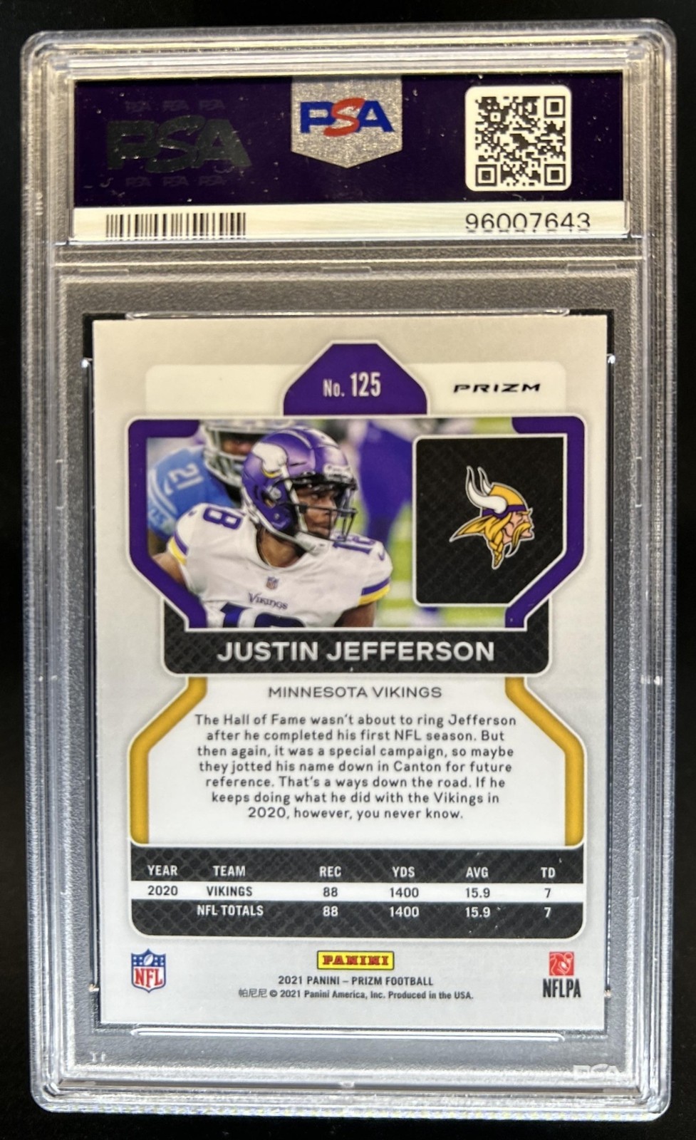 2021 Panini Prizm Justin Jefferson Silver #125 Vikings PSA 9 view 2