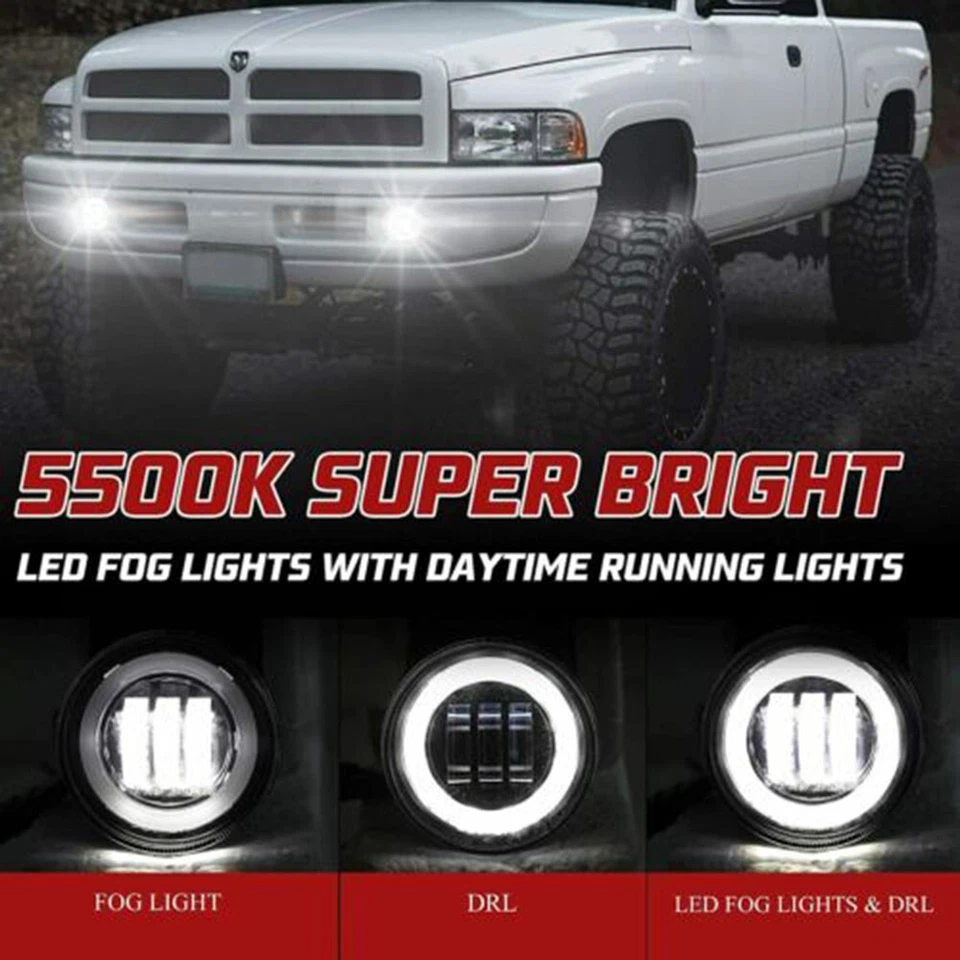 For Dodge RAM LED Halo Ring DRL White Fog Driving Light 1994-2002 1500 2500 3500 - Image 4 of 4