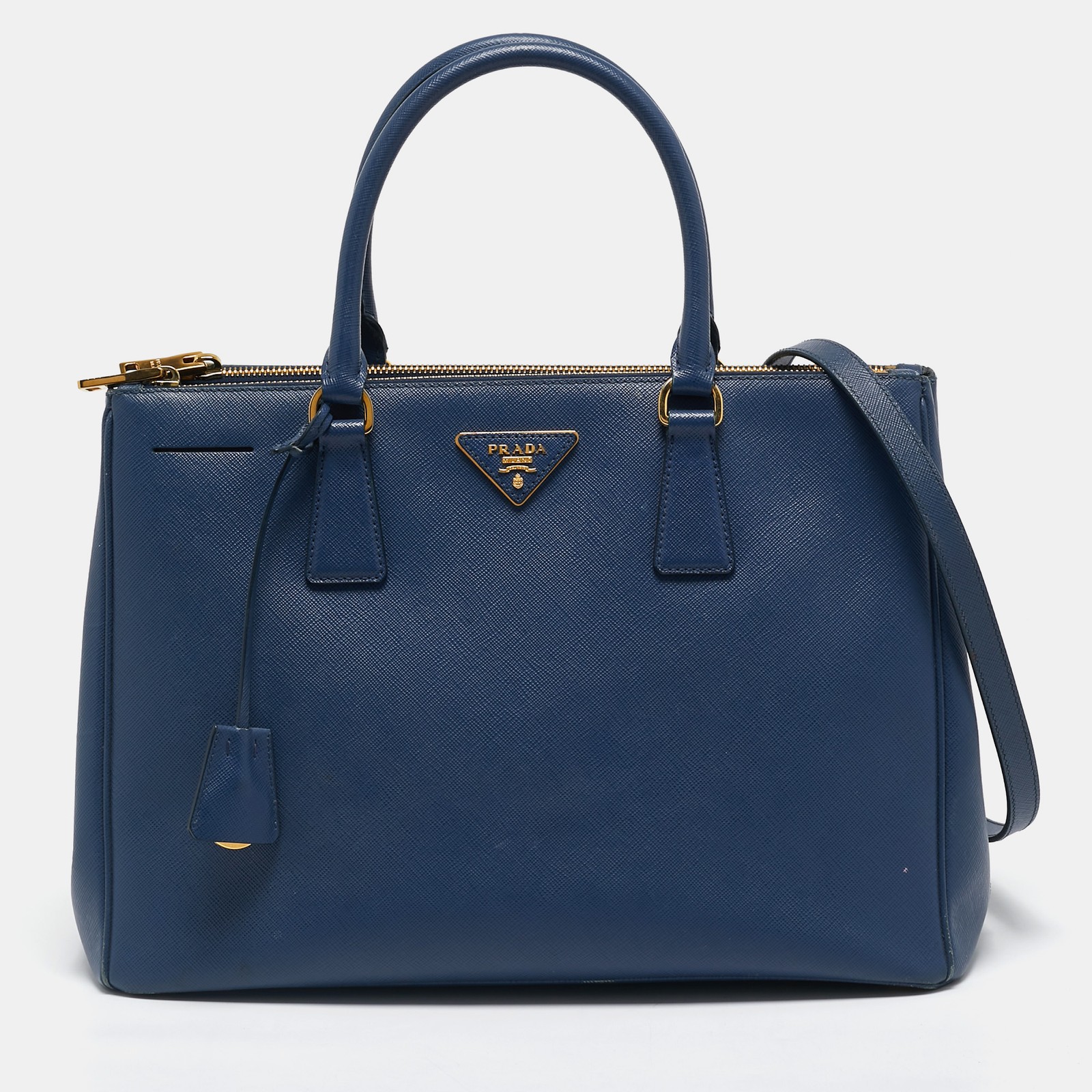 Prada Blue Saffino Lux Leather Medium Double Zip Tote