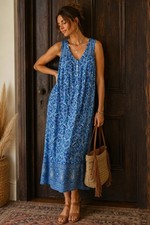 Pure J Jill Size M Blue Paisley/Floral Cotton Boho Maxi Dress Pockets Flowy