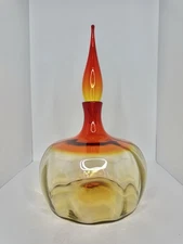 HTF Vintage MCM Blenko Glass 6417 Pumpkin Decanter In Tangerine W/Flame Stopper