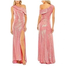 Mac Duggal Metallic Coral Pink Off The Shoulder Ruched Slit Gown  Size 8 $498