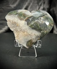 3.37" Druzy Moss Agate And Quartz Heart Carving With Acrylic Stand 8.1oz