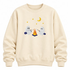 Cute Ghost Campfire Halloween Sweatshirt, Spooky Camping Embroidered Crewneck
