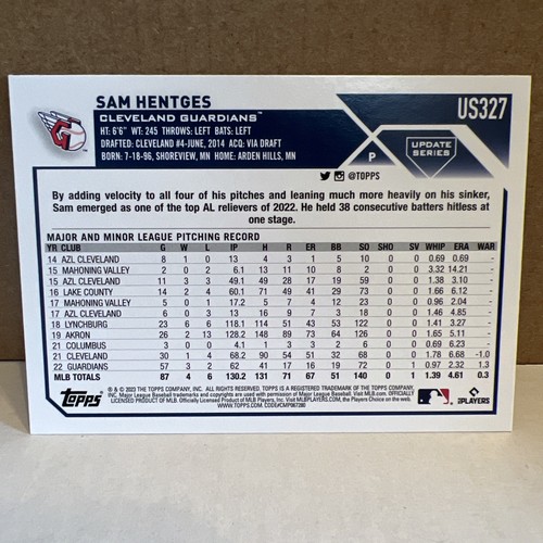 Sam Hentges #US327 Topps MLB Baseball 2023 Cleveland Guardians - Picture 2 of 2