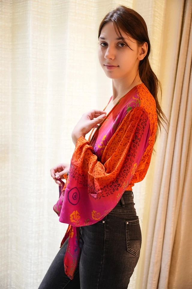 Wrap Top Crepe Tie Blouse Dress Girls Woman Y2k Boho crop Top PS PSW1696 - Image 2 of 4