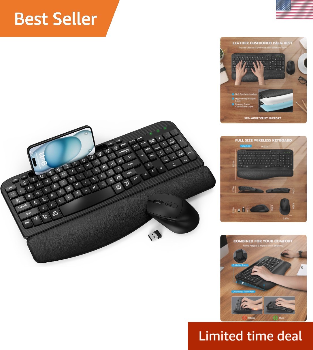2.4G Wireless Keyboard and Mouse Set with Cushioned Palm Res