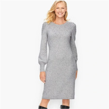 TALBOTS Tweed Shift Sweater Dress Bobbles Puff Sleeve Knit Grey Gray Speckled MP