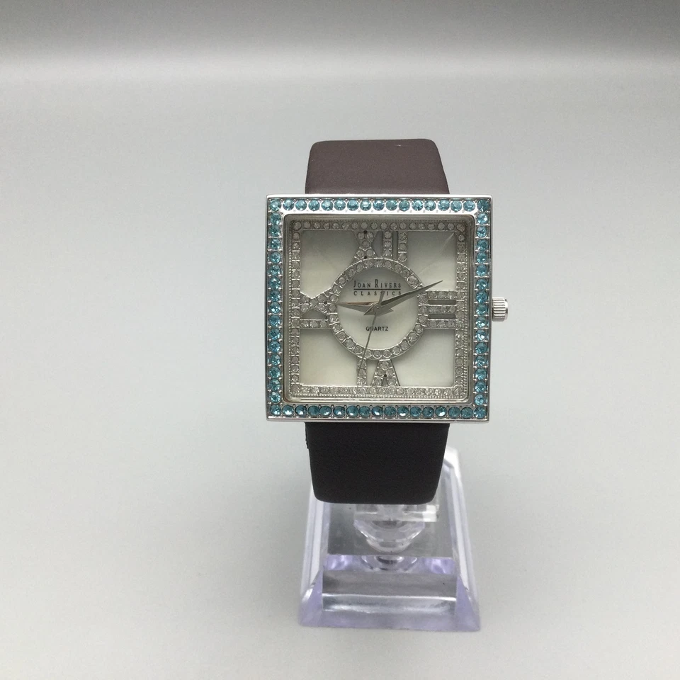 Relógio Joan Rivers Classics 37mm tom prata moldura azul couro marrom nova bateria - Imagem 2 de 4
