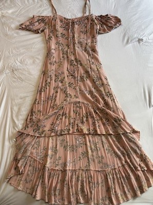American Rag Pink Floral Cold Shoulder Smocked Maxi Dress M Square Neck