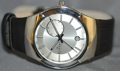 Skagen Men's Black Label Swiss Silver Dial Black Genuine Leather Watch 983XLSLBC