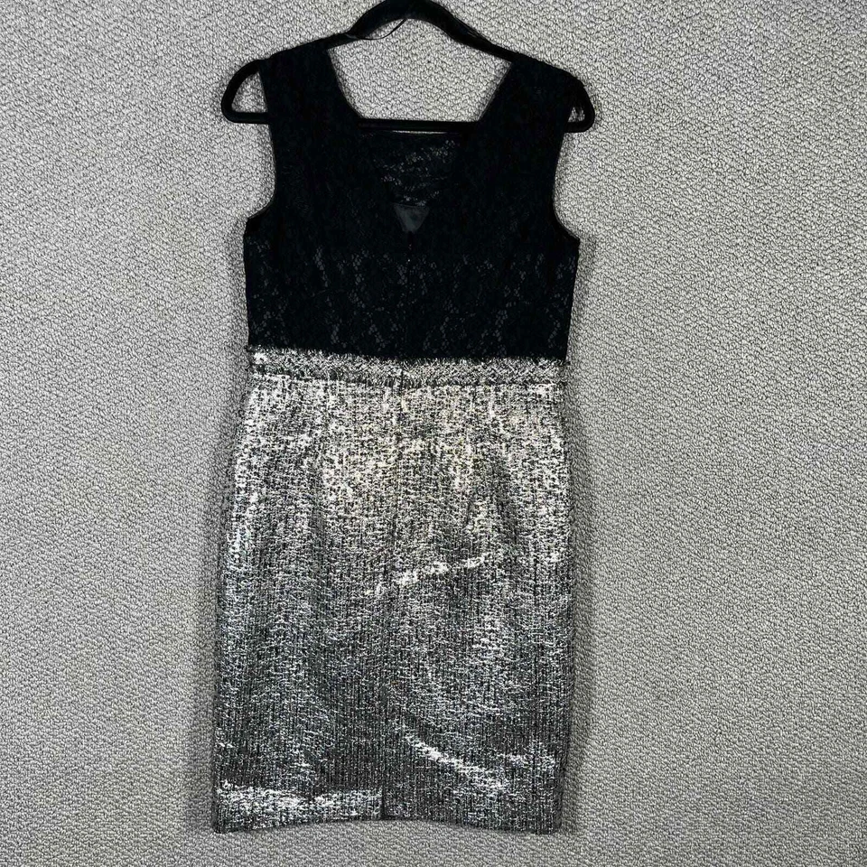 Vestido Kay Unger Mujer 8 Negro Encaje Metálico Plateado Jacquard Sin Mangas Fiesta Foto 4 de 4