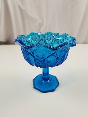 L E Smith Heritage Quintec Blue Stemmed Footed Compote Candy Dish Bowl