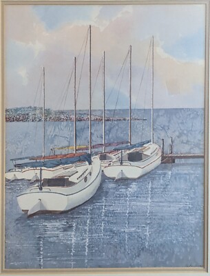 Peter Wong,   , Fine Art, Sailboats in the ''Cove''  Signed lithograph  Vintage,
