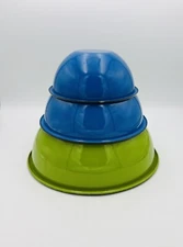 3 Vintage Mixed Huta Silesia Enamelware Nesting Bowls  Poland Japan Green Blue