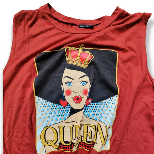 Zenobia Queen Graphic Print Sleeveless Front Knot Rusty Orange Women Tee Sz 2XL